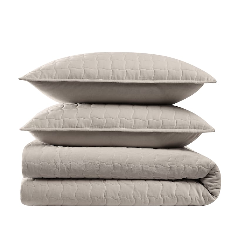 Brooklyn Loom Matte Cotton Velvet Wavy Square Quilt Set - King - Grey - 3 Piece