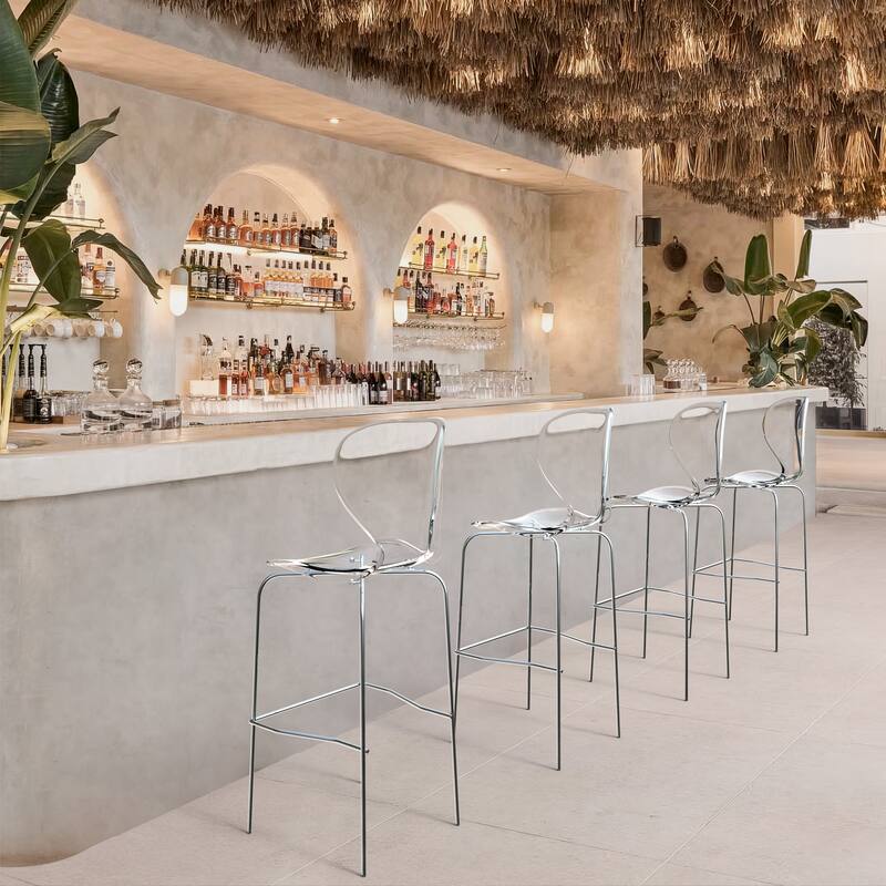 Oyster (Set of 2) 29.5" Mid-Century Modern Acrylic Bar Height Stools - Chrome Steel Frame & Stackable