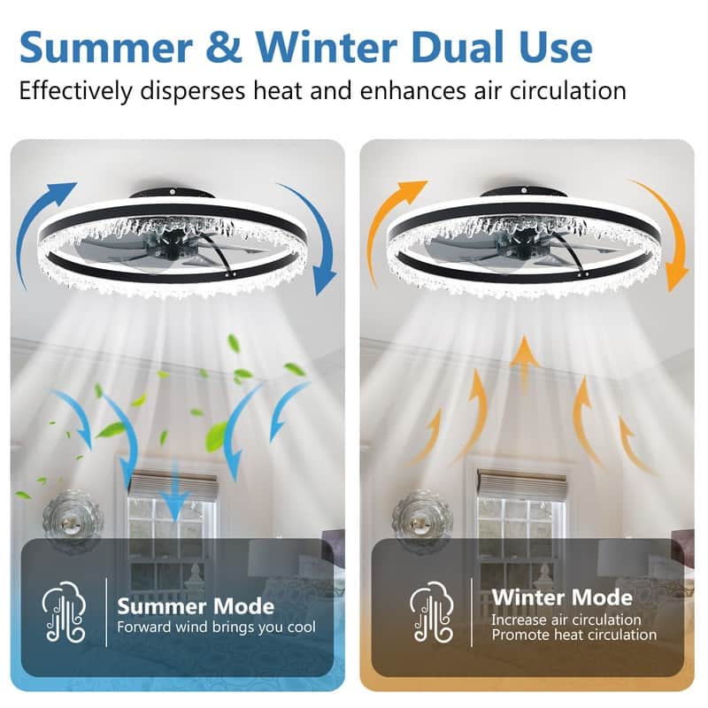 16" Black Modern LED Ceiling Fan Light with Remote & Crystal Design
