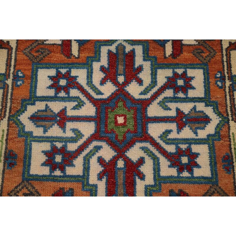 Hand Knotted Oriental 100% Wool Carpet Traditional Geometric Oranges & Rust Kazak Runner Rug - 8' 4'' X 2' 6''