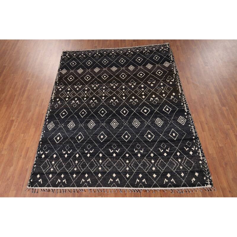 Dark Blue & Brown Moroccan Oriental Area Rug Hand-Knotted Wool Carpet - 8'0" x 10'0"