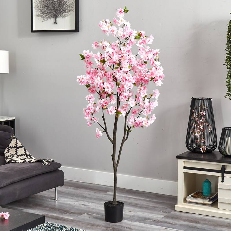 6' Pink Cherry Blossom Artificial Tree in Black Nursery Pot