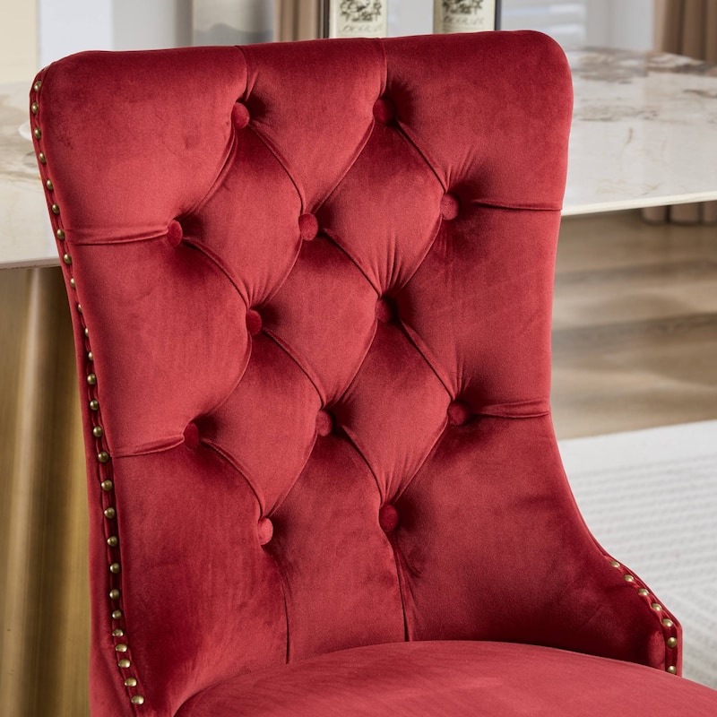 Velvet Dining Chairs Set of 2, Upholstered Dining Chairs, Mid-Century Modern Chairs with Tufted Back, Lion Pull Ring Rivet Trim