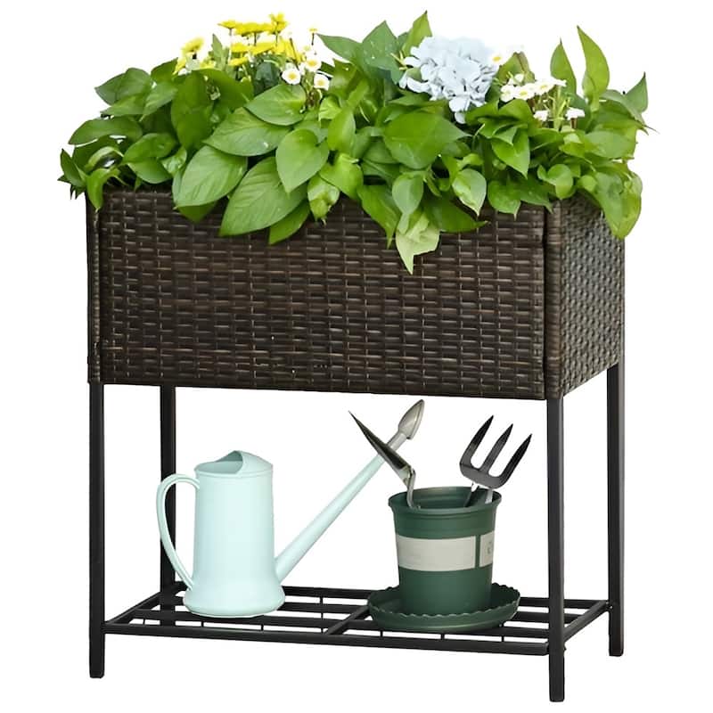 Rattan Steel Elevated Raised Planter Box with Storage Shelf - 27.5" L x 11.75" W x 27.5" H - Brown