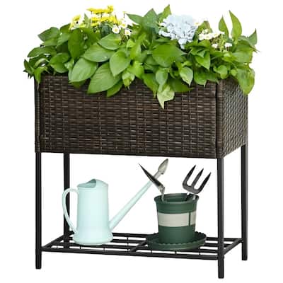 Rattan Steel Elevated Raised Planter Box with Storage Shelf - 27.5" L x 11.75" W x 27.5" H