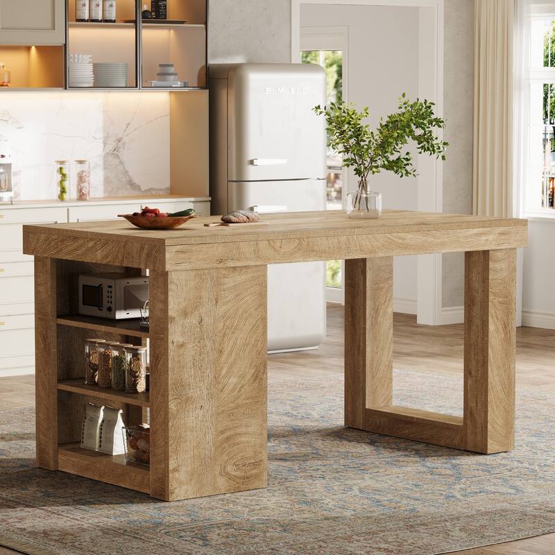 55 Inch Wood Kitchen Island with Storage, Stationary Island Table with Large Worktop for Kitchen, Dining Room, Living Room