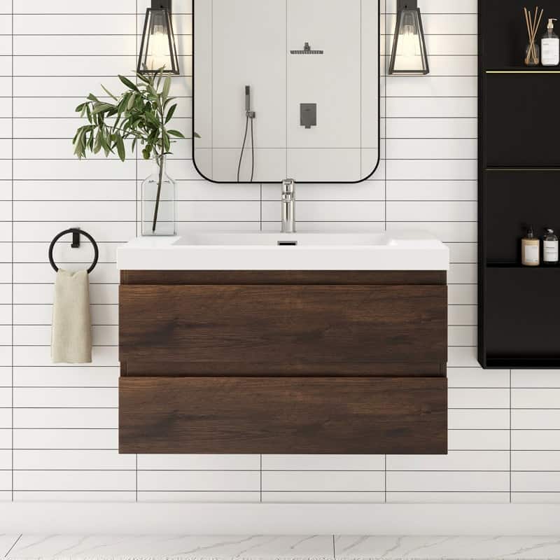 24"/30"/36"/48" Wall-Mounted 2-drawer Bathroom Vanity Set with Integrated Resin Sink
