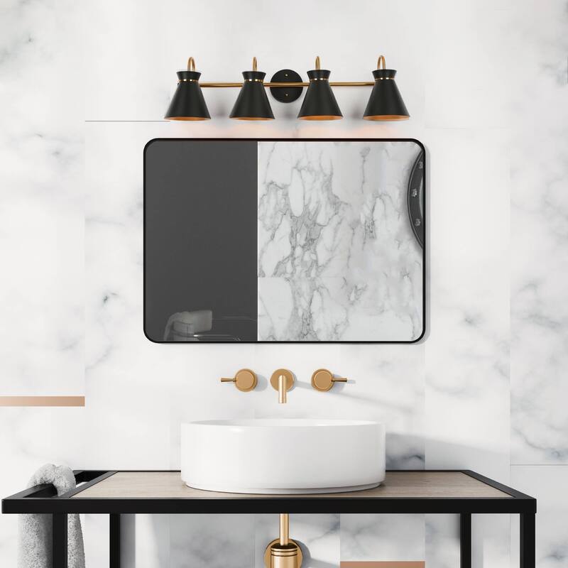 Modern 4-Light Black Gold Bathroom Vanity Lights Linear Wall Sconce with Metal Shades - 31.5" L x 7" W x 8.5" H