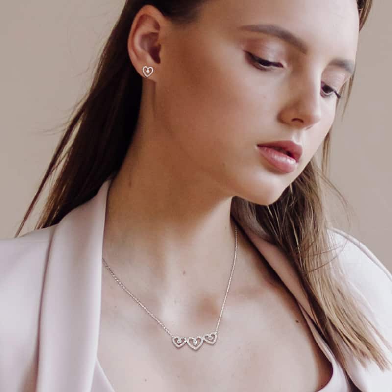 Miadora White Topaz and 2/5ct TDW Diamond Heart Stud Earrings & Bar Necklace Set in Sterling Silver