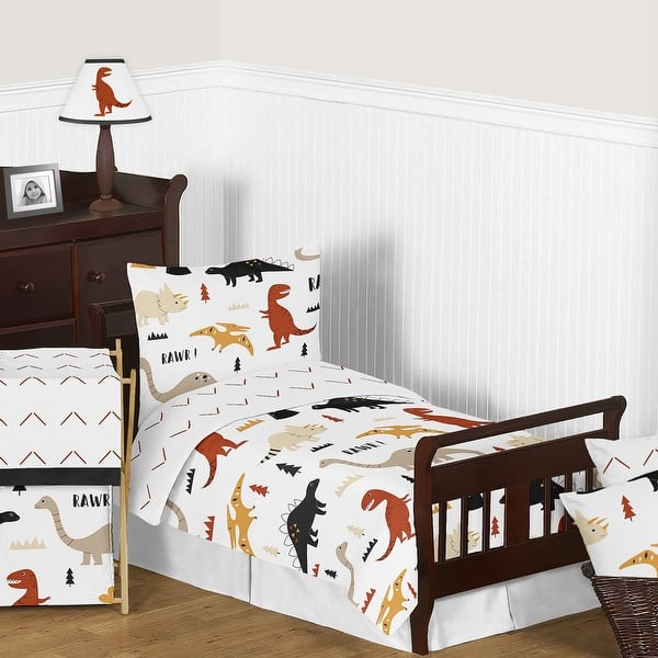 slide 2 of 6, Mod Dino Boy Girl 5pc Toddler Comforter Set - Orange Tan Rust Taupe Mustard Yellow Beige Brown Black Modern Dinosaur Boho Arrow