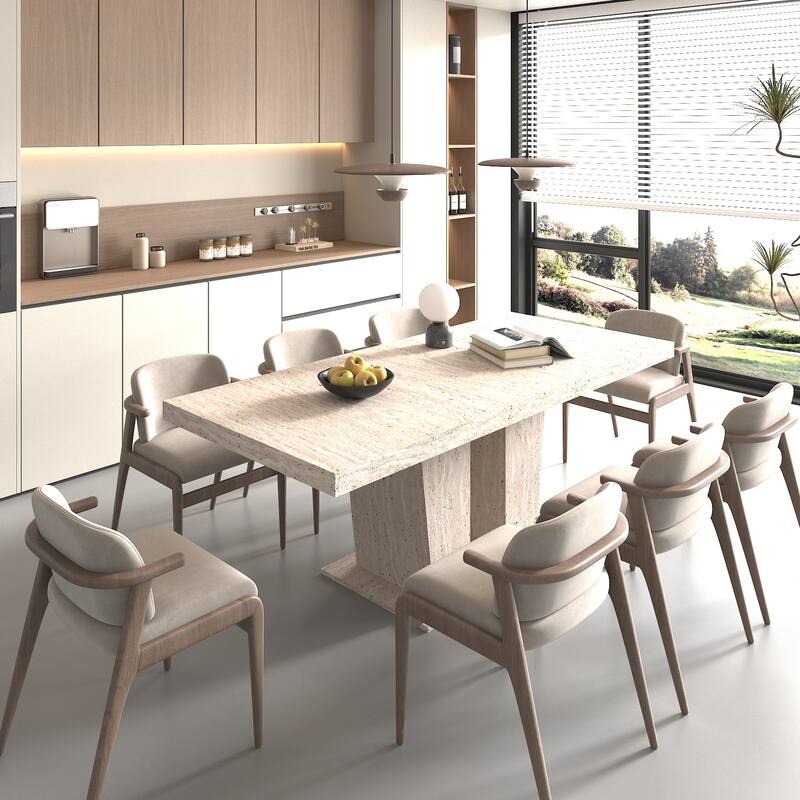 Rectangular Extendable Dining Table, Suitable for 6-10 People, with Veined Travertine Pattern, Dimensions 160-200 cm - Beige