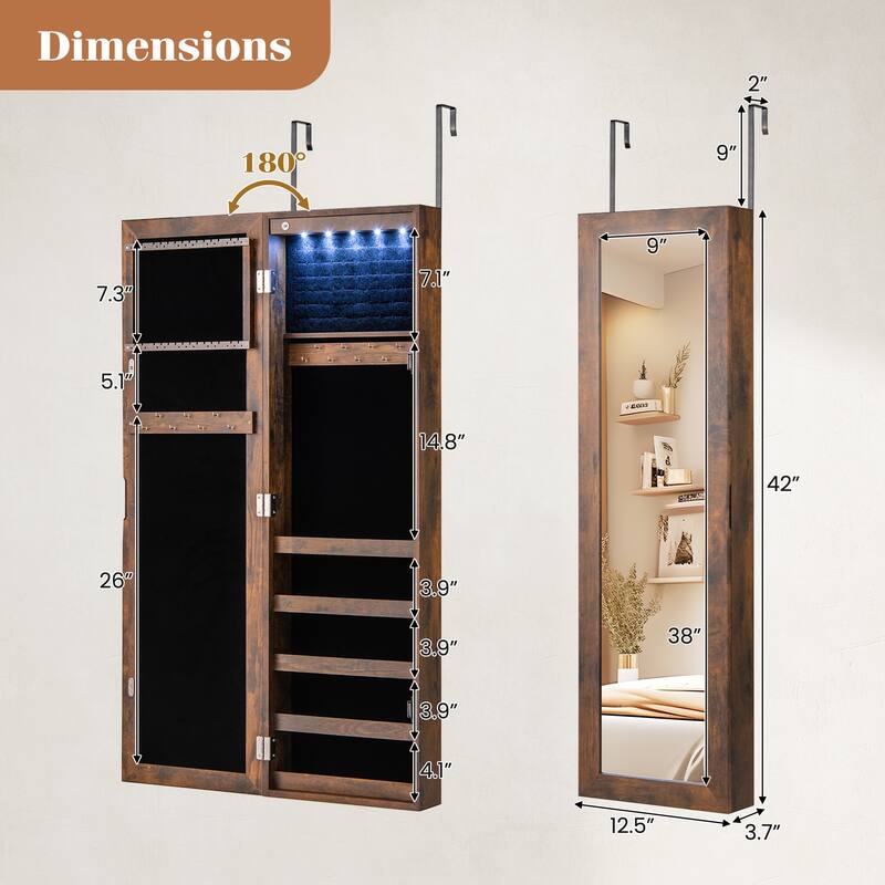 Wall Mounted or Door Hanging Jewelry Cabinet with Full Length Mirror and LED Lights - 12.5" x 3.7" x 42"