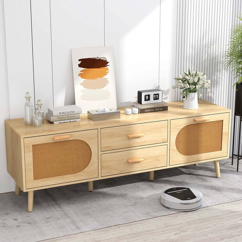 Costway Rattan TV Stand for 65-Inch TV 59" TV Console Cabinet Boho - 59" x 16" x 20" (L x W x H)