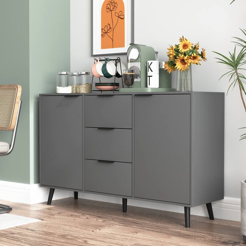 Sideboard Cabinet with Storage, Buffet Sideboard with 3 Drawers and 2 Doors, Wood Coffee Bar Cabinet with Adjustable Shelves