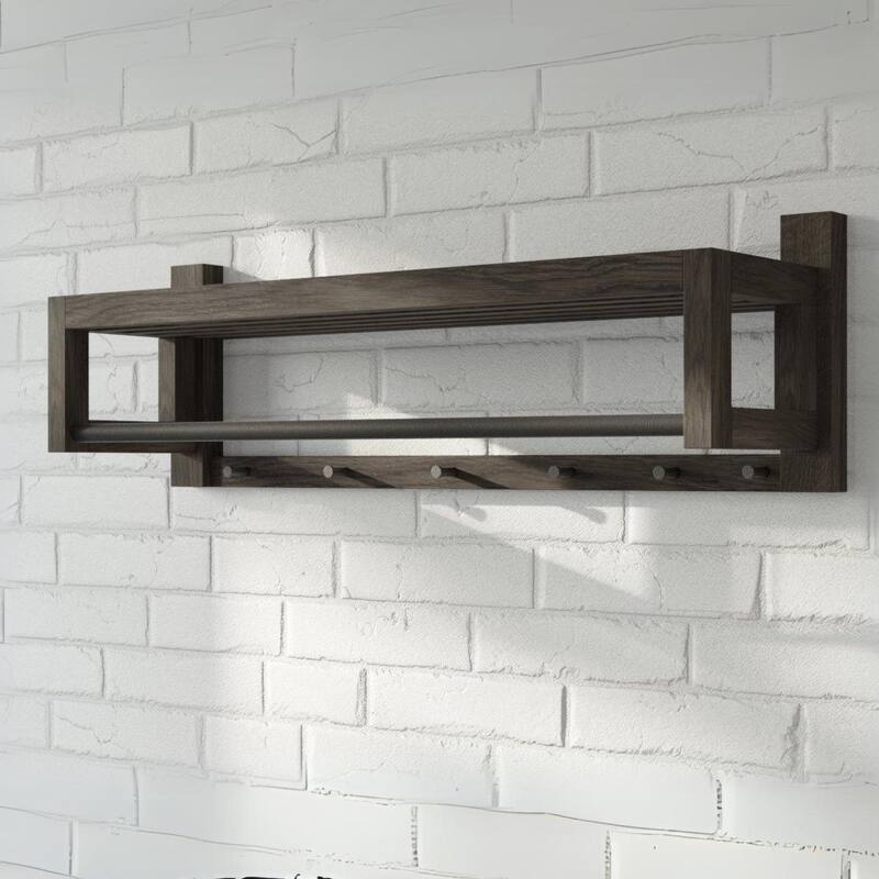 Solid Oak Hardwood Coat Rack - Black Metal Knobs & Hanger Bar