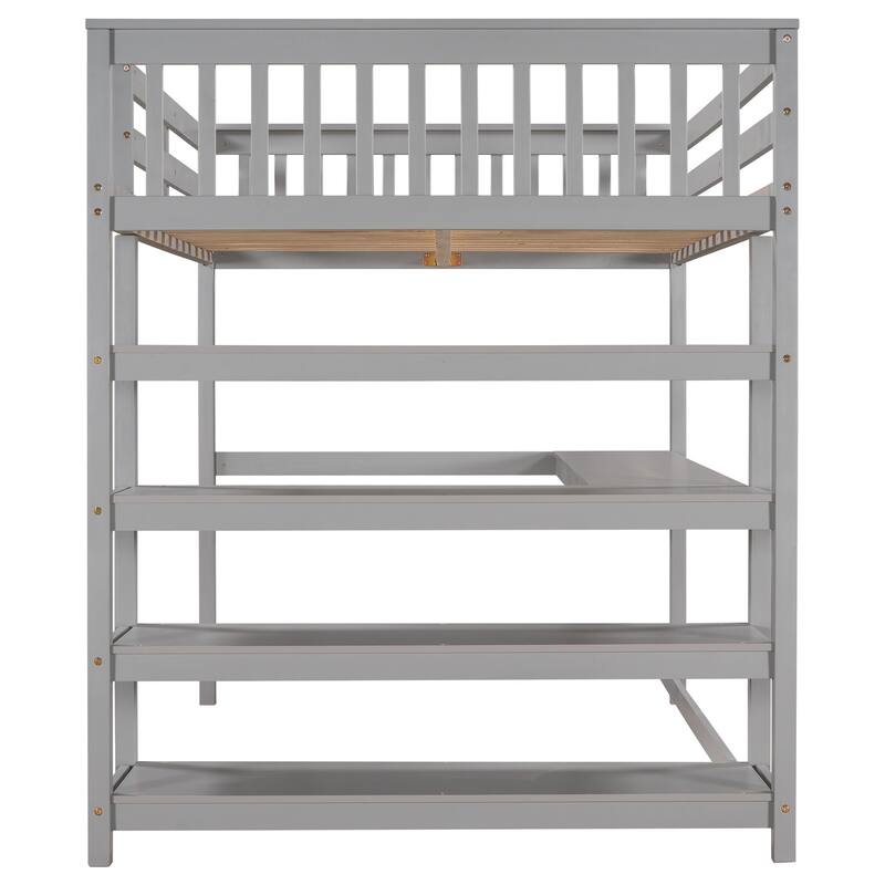 Full/Twin Size Loft Bed with Under-bed Desk & Storage Shelves, Space-Saving Design, Solid Pine Frame, No Box Spring Required