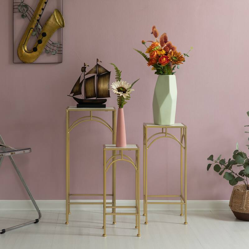 Decorative Gold Metal Square Plant Stand, Modern White Marble Look Top Display End Side Table, Set of 3 - Set of 3