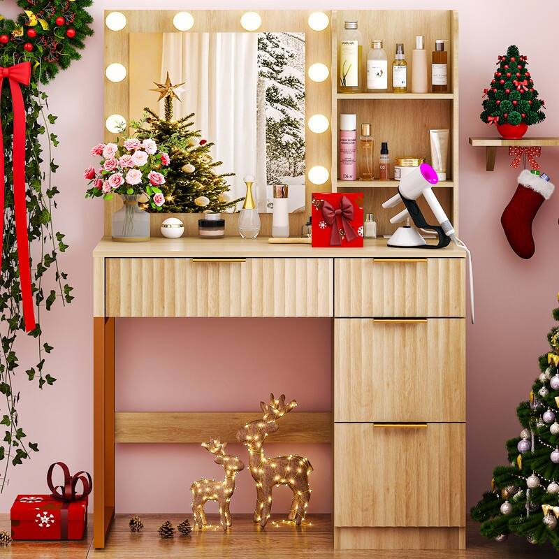 Particle Board Veneered with Textured Melamine 4-drawer 2-shelf with 10 Three-color Dimmable Bulbs Dressing Table - N/A