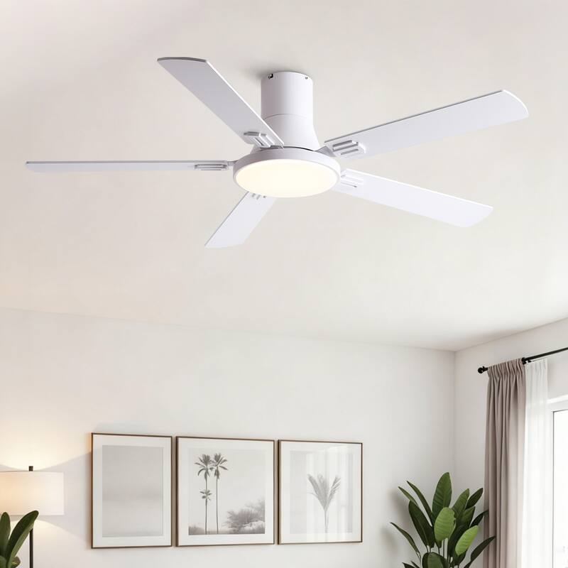 Sofucor 52 Inch Low Profile Flush Mount 5 Blades Ceiling Fan with Dimmable Light and Remote Control - 52 Inches
