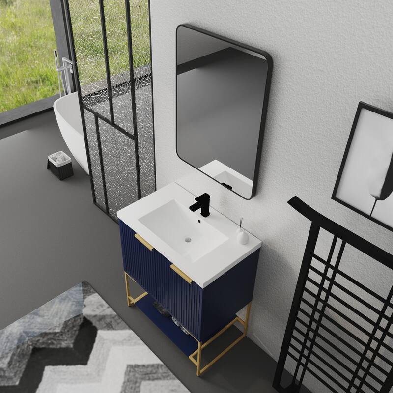 30-Inch Freestanding Bathroom Vanity with Resin Sink, Plywood Construction, Metal Feet & Shelf - Durable and Stylish Design