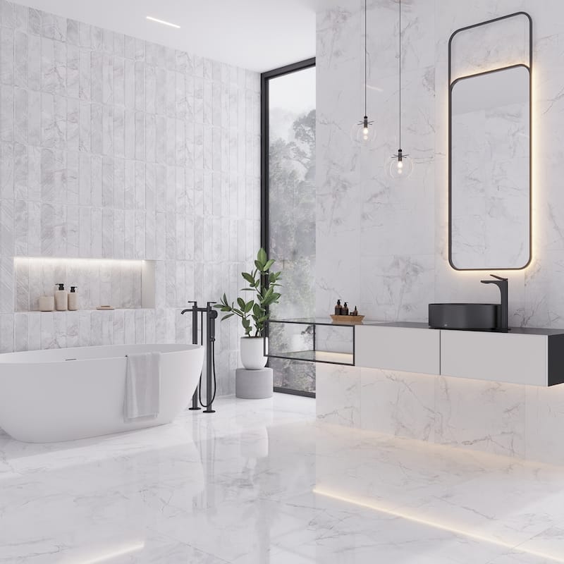 Apollo tile 24" x 48" Strata Polished Bright White with Gray Porcelain Tile (15.5 sq ft/case) - 2 Pack - White