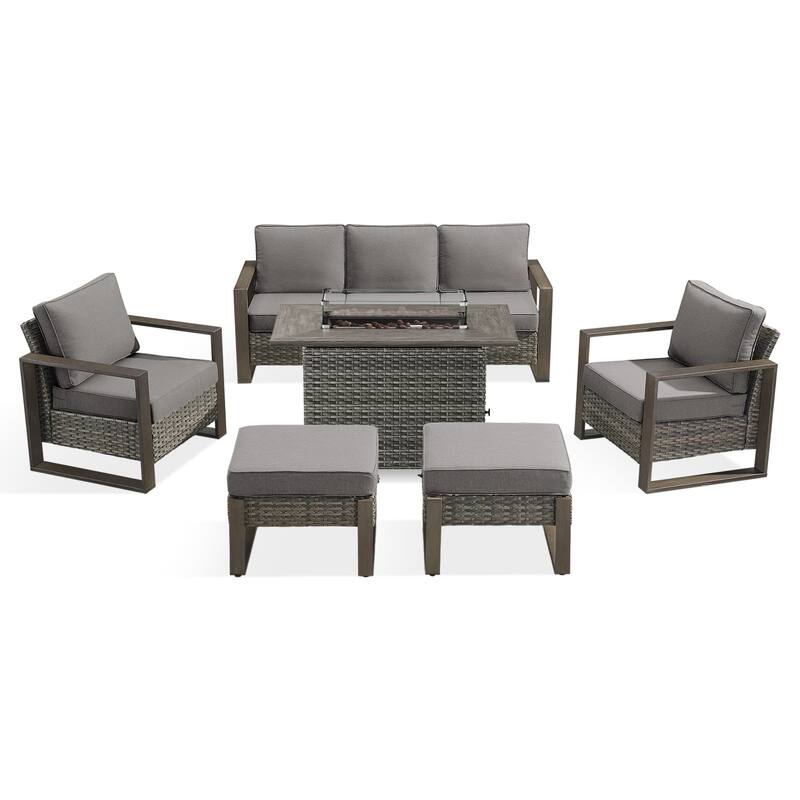 Meyreso Wicker Patio Conversation Set with Fire Pit Table & Olefin Cushions