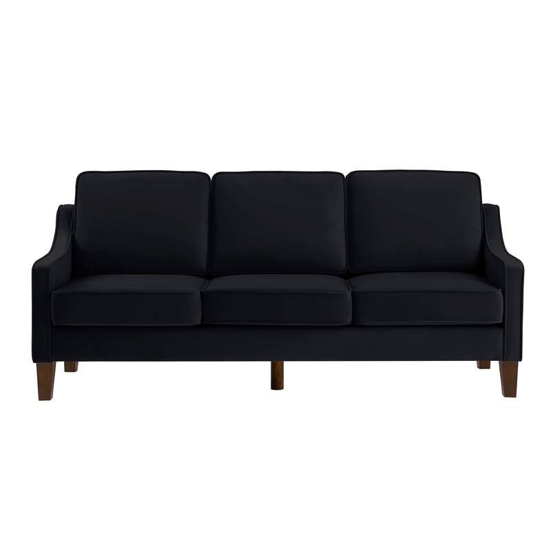 Black Modern 74" Velvet 3-seater Upholstered Sofa with Scooped Armrest and Removable Cushions for Living Room