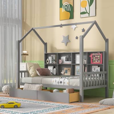 Solid Wood House Bed with Shelf and Drawer Storage for Kids