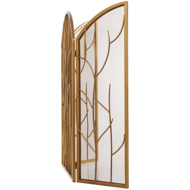 Metal Tree Branch Single Panel Fireplace Screen with Mesh Netting - Brass or Gold - Roche River Decor