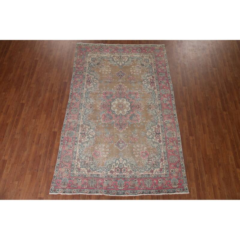 Brown Distressed Tabriz Persian Antique Rug Hand-knotted Wool Carpet - 6'2" x 9'8"