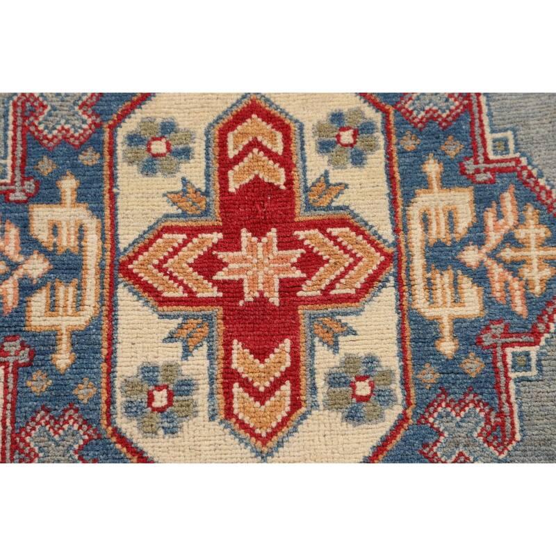 Geometric Blue Kazak Accent Rug Handmade Wool Carpet - 3'3" x 4'11"