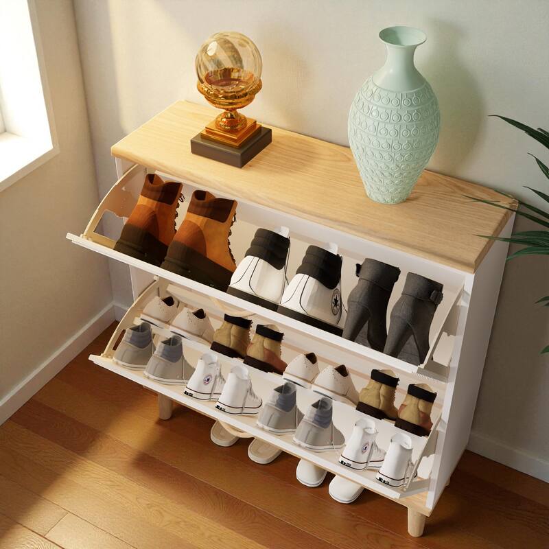 31.5" Narrow Shoe Storage Cabinet with 2 Flip Drawers, Slim Freestanding Entryway Shoe Organizer with Natural Wood Legs