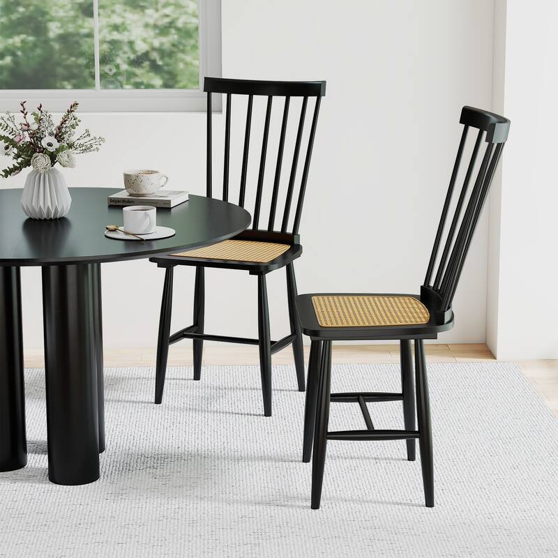Stylish Windsor Style Dining Chair Set with PE Rattan Seat Ergonomic Spindle Back and Rubber Wood Frame - 21.5" x 16" x 38"
