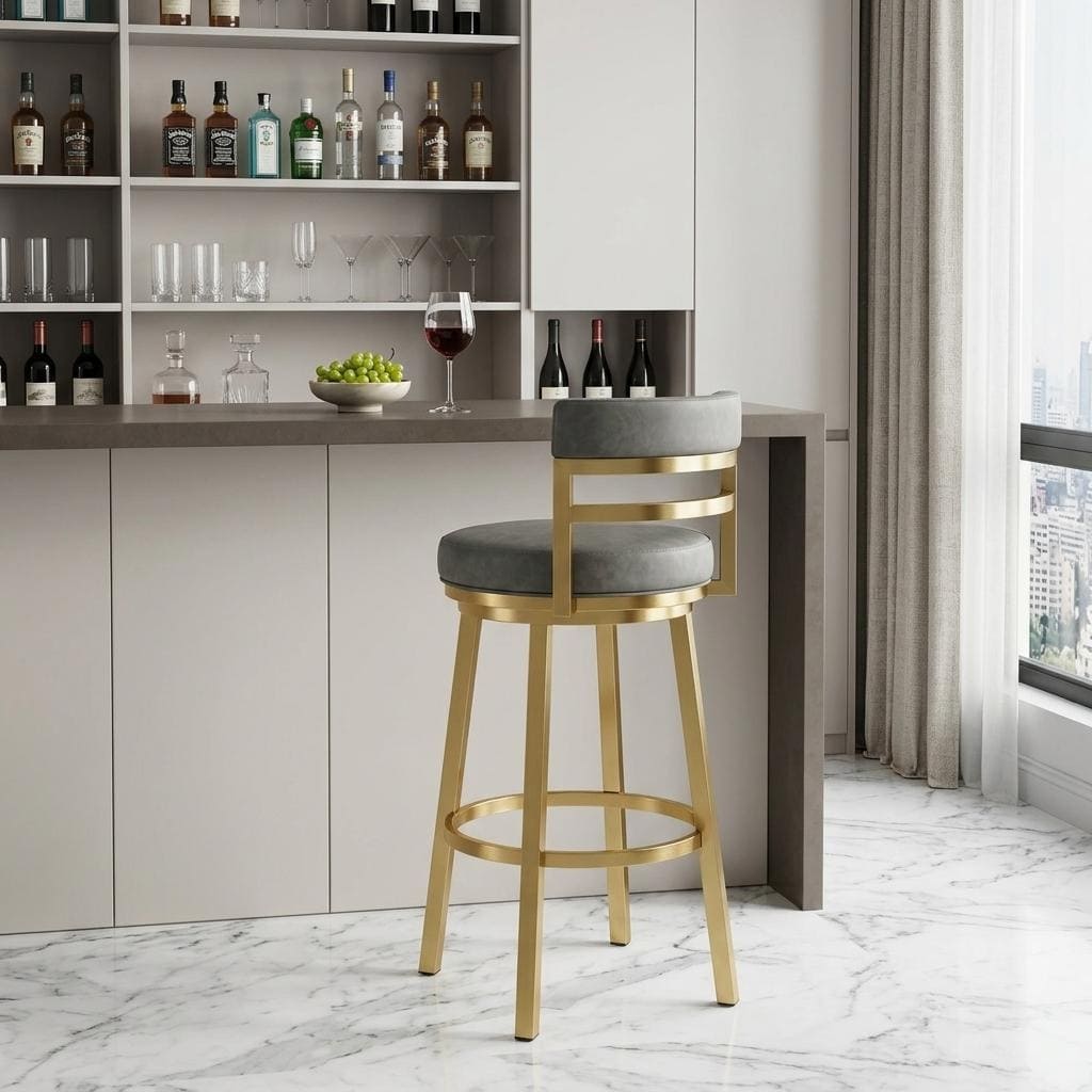 HomeRoots 30" Gray And Gold Faux Leather And Steel Low Back Bar Height Swivel Bar Chair