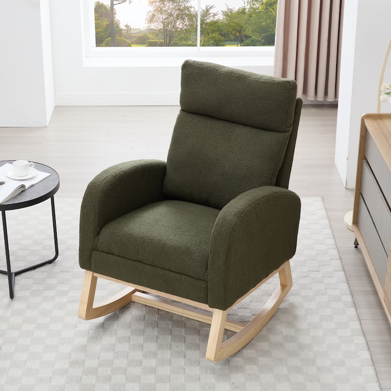 Rocking Chair Nursery, Modern Upholstered Glider Rocker with Side Pocket, High Backrest Accent Armchair for Living Room - Green