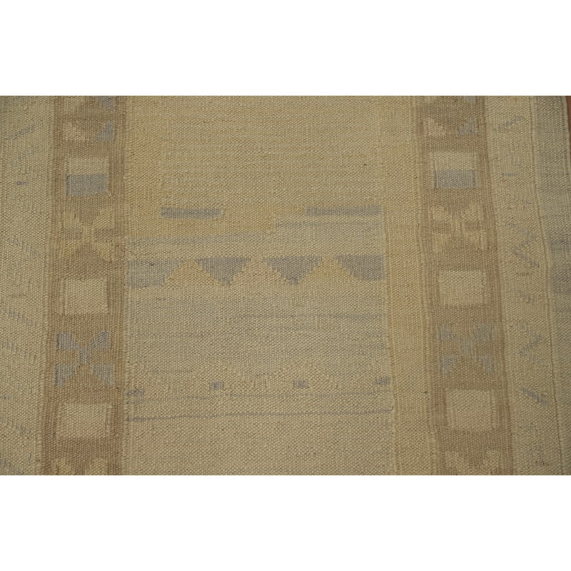 Hand Woven Oriental 100% Wool Carpet Southwestern Tribal Beige & Ivories Kilim Runner Rug - 8' 1'' X 2' 2''