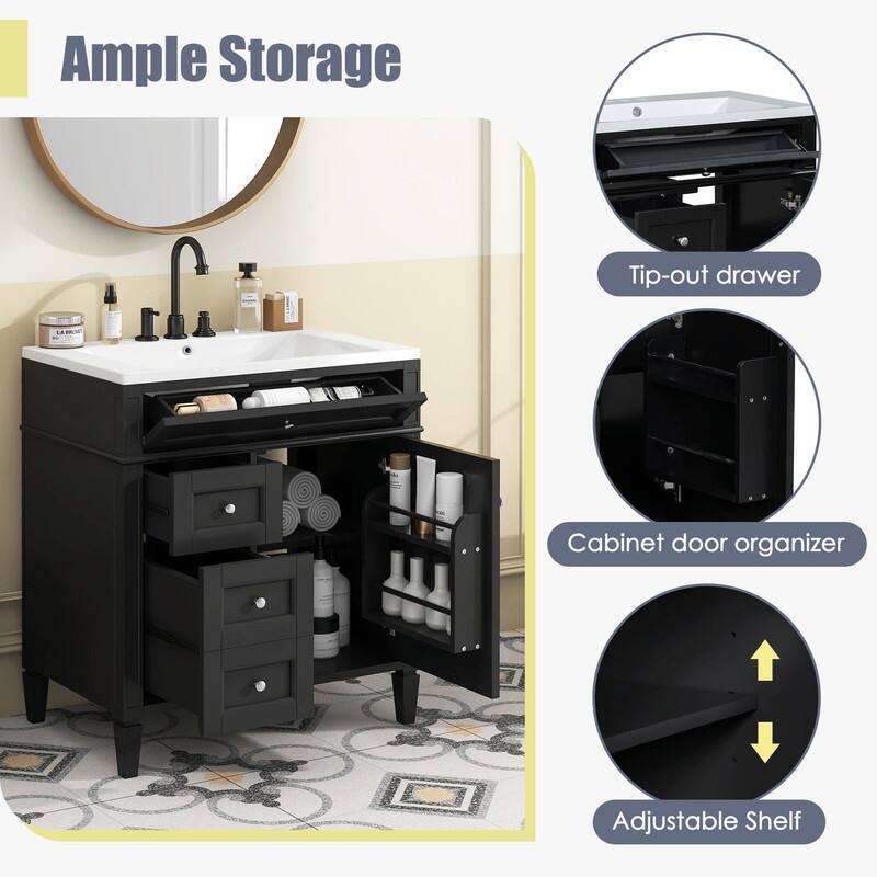 30'' Modern Bathroom Vanity with Top Sink, 2 Drawers and Tip-out Drawer