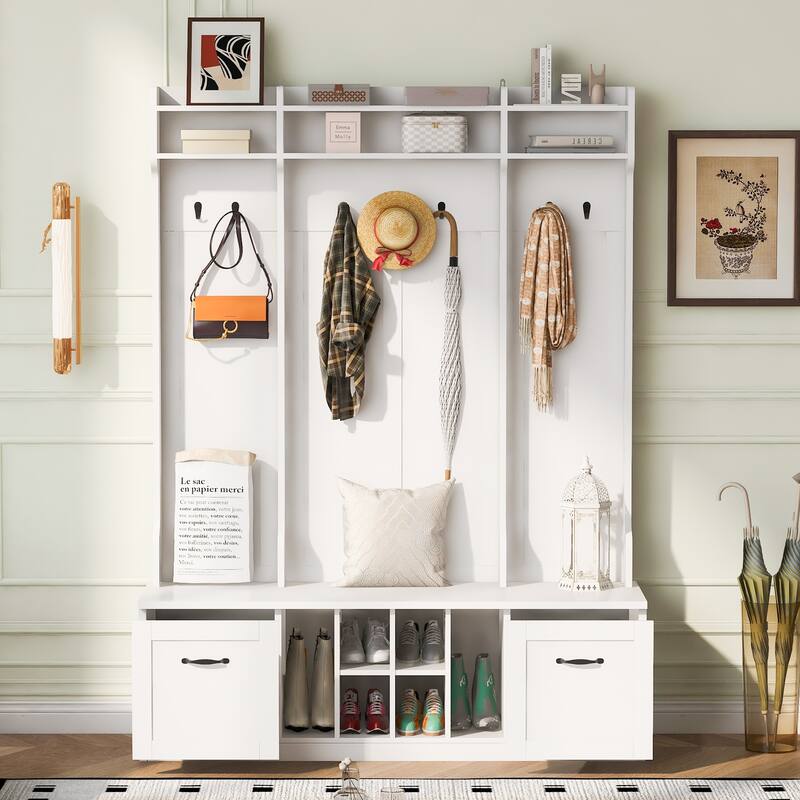 5-in-1 Entryway Bench with 2 Spacious Drawers and Adjustable Shelves - White