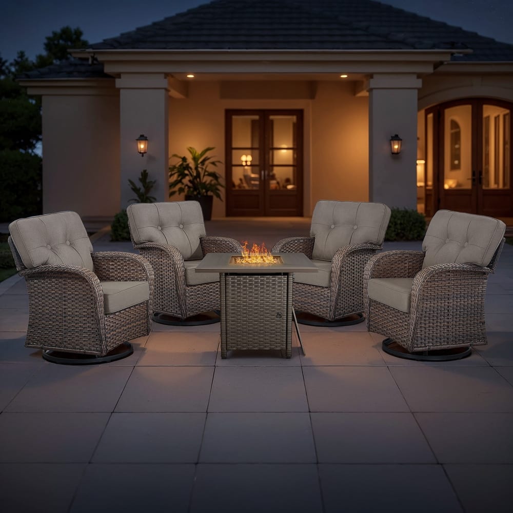 TWrap 5-Piece Wicker Patio Fire Pit Conversation Set with Swivel Gliders and 5-Inch Cushions