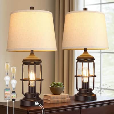 23" H Farmhouse Rustic Table Lamp Set of 2 with USB Ports, Touch Control 3-Way Dimmable Bedside Lamp with 2 LED Night Light,