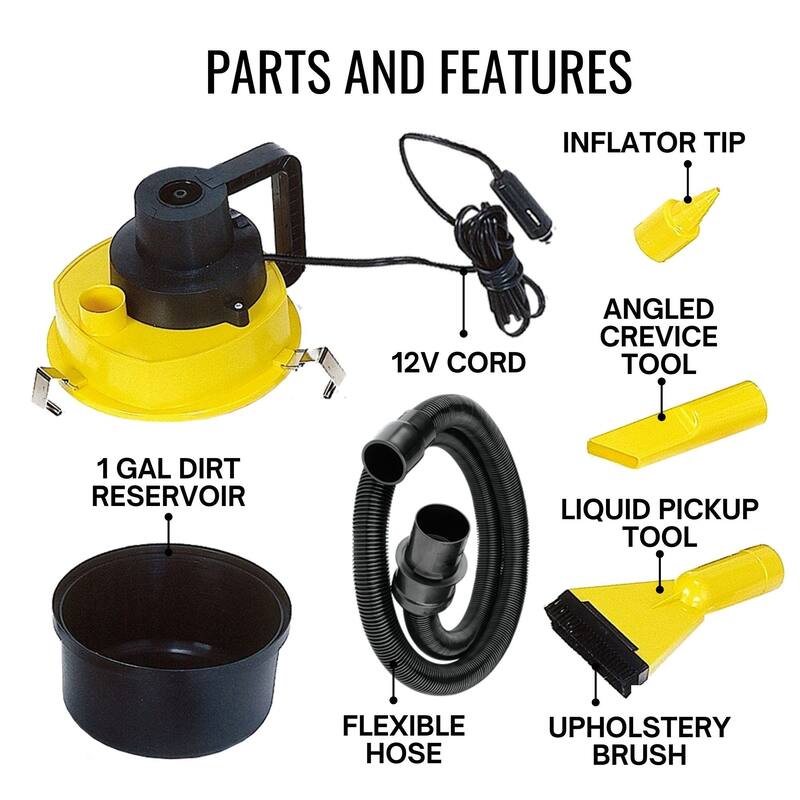 Koolatron 12V Portable Wet/Dry Canister Vacuum and Inflator w/ 4 Nozzles