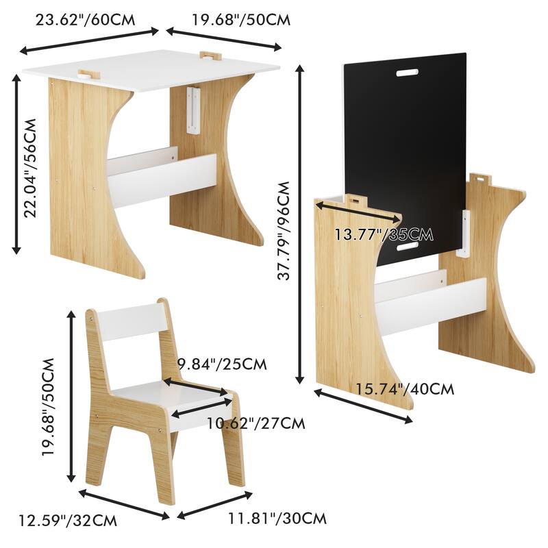 Kids Table Set With One Chair,Multifunctional Wooden Children Study Table-Convertible Tabletop For Study