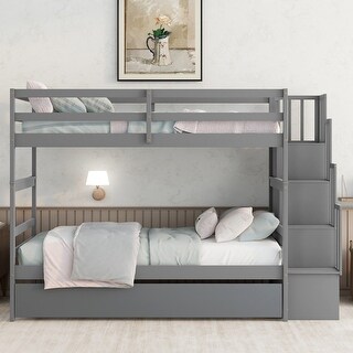 Twin Over Twin Bunk Bed with Twin Trundle and Stairway Storage, Sturdy Pinewood Frame