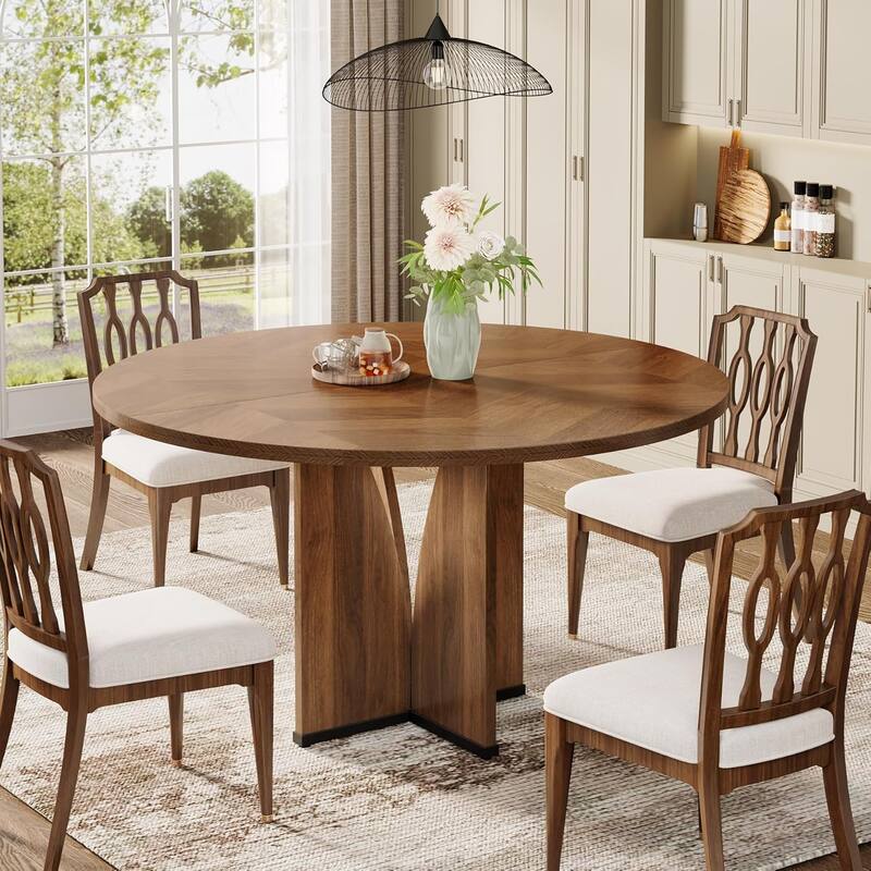 39.4" Round Dining Table for 4, Rustic Brown Farmhouse Kitchen Table with Wooden Top and Legs, Small Wood Dining Room Table