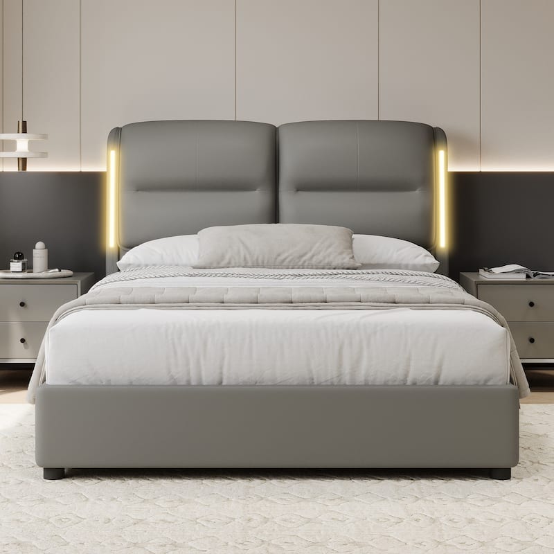Modern Queen Size Hydraulic Platform Bed with Lift Storage and Sensor LED Lights, Metal Frame, No Box Spring Needed