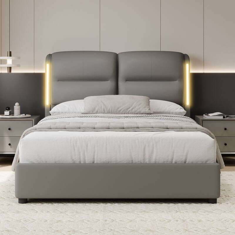 Upholstered Frame Bed Hydraulic Platform Bed with Lift-Up Storage, Queen Size Bed, Wingback Headboard with Sensor Lights - Gray - Queen