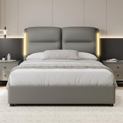 Upholstered Frame Bed Hydraulic Platform Bed with Lift-Up Storage, Queen Size Bed, Wingback Headboard with Sensor Lights