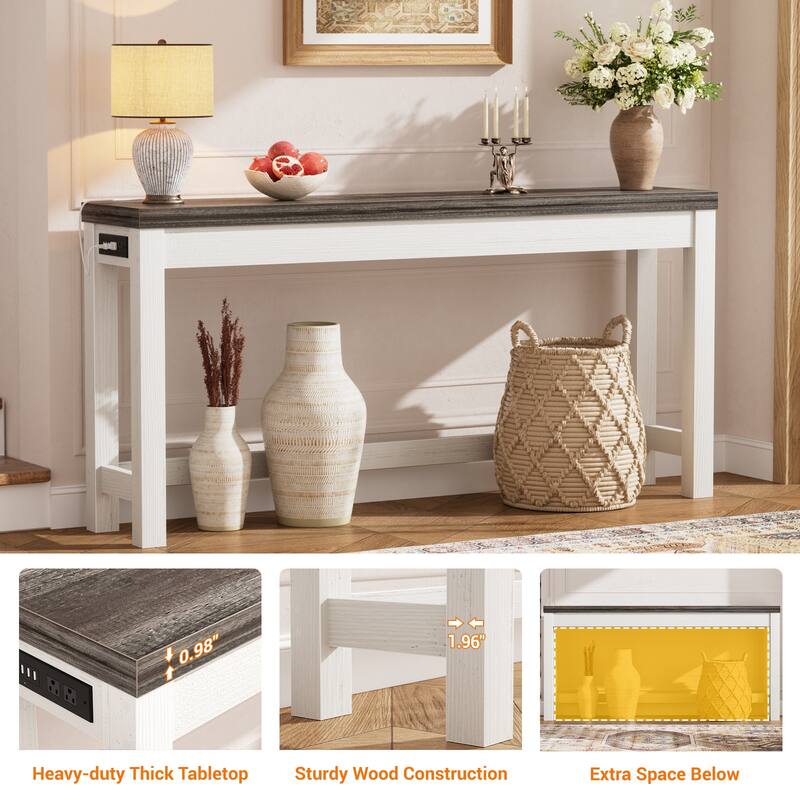 63-In Console Table with Charging Station, Farmhouse Entryway Table/ Behind Couch Table