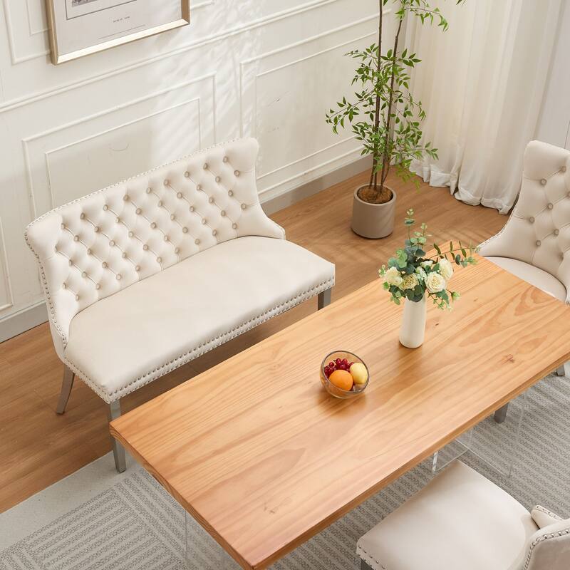Velvet Double Dining Loveseat Bench, Kitchen & Dining Seating, 2-Seat Tufted Bench w/Handmade Buttons, Wing Back