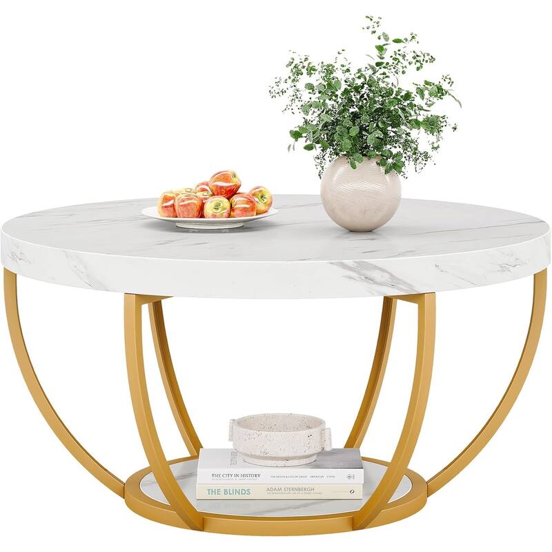 Modern Round Coffee Table, 31.7" 2 Tier Coffee Table with Faux White Marble and Golden Metal Legs, Circle Center Table